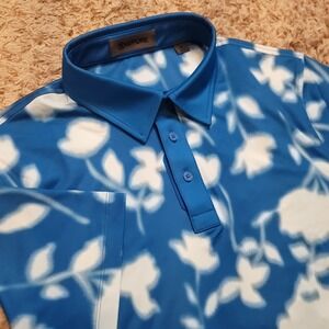 G/FORE Polo Shirt Mens M Blue White Blurred Floral Performance Golf Short Sleeve